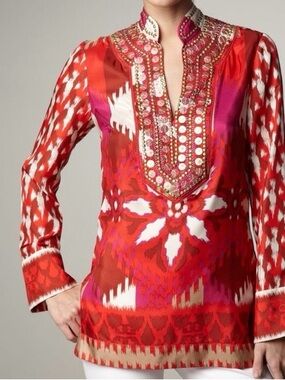 Tory Burch Red Ikat-Style Embellished Tunic with Pink Accents